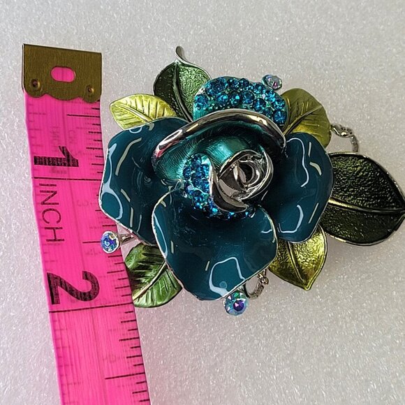 Blue Rose Enamelled Rhinestone Pendant and Brooch - Picture 7 of 10